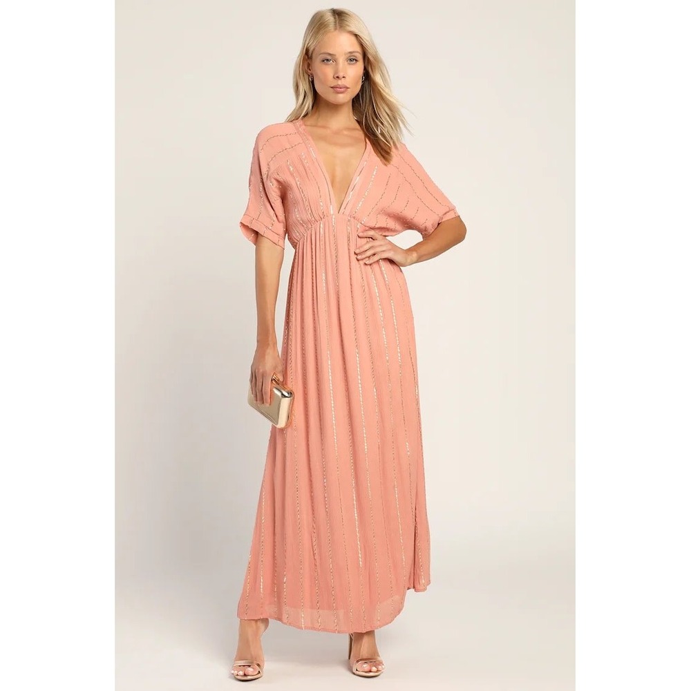 Lulus Goddess Vibes Rose and Gold Striped Gauze Dolman Maxi Dress V-Neck Boho L